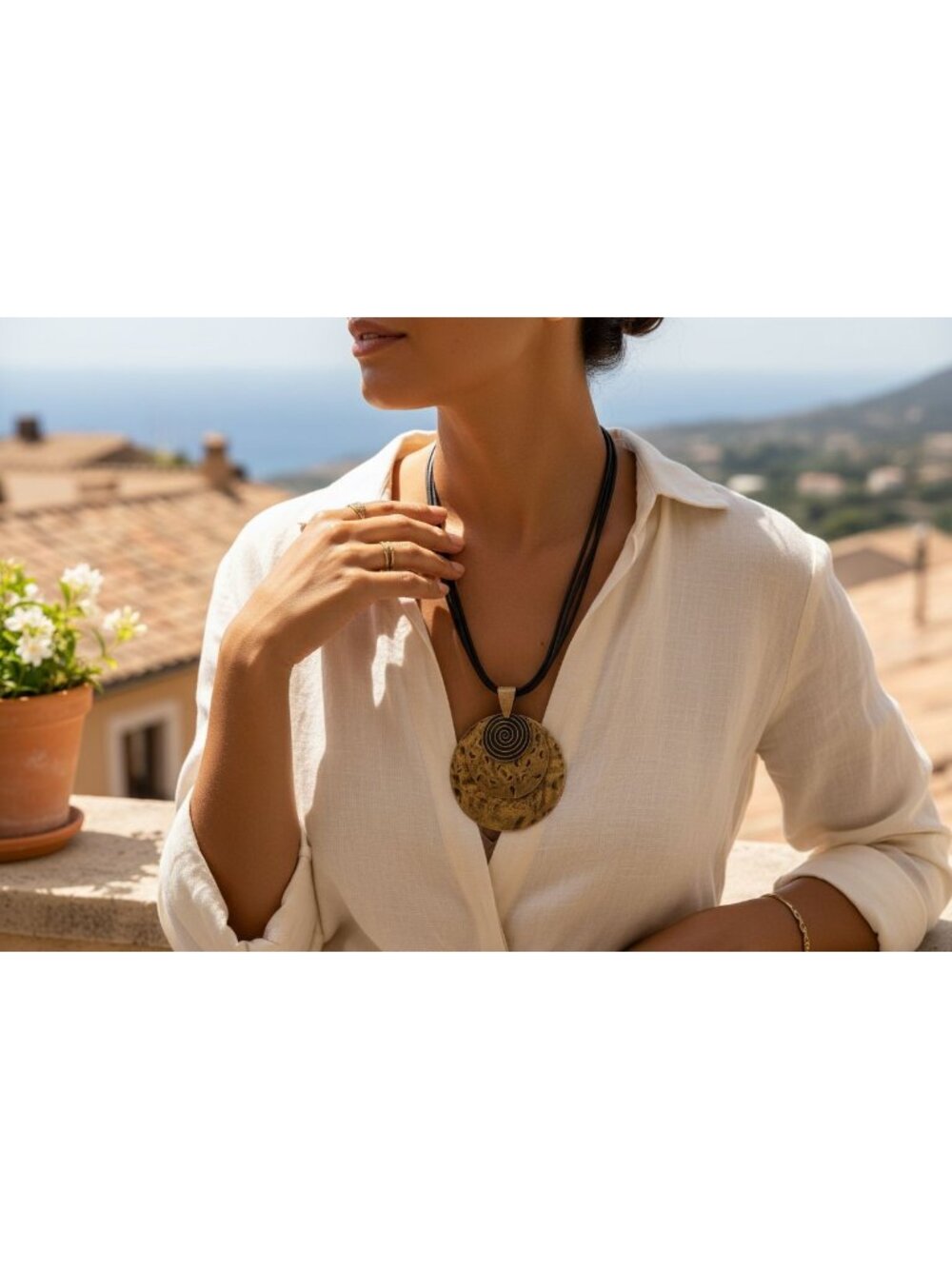Brass Spiral Pendant Necklace Earrings Multi-strand Cord Bohemian Ethnic Artisan